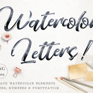 Watercolor alphabet clip art, Watercolor letters clipart, watercolor font, Black printable leetters, PNG, Scrapbooking, Instant download
