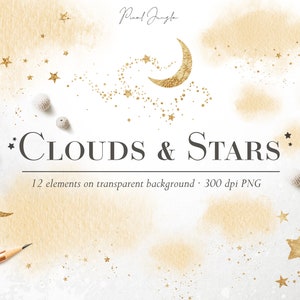Beige wolken en sterren clipart, Gouden ster digitale overlays, Gouden maan, Nacht hemel clipart, Gele wolken, Hemelse overlay, Goud stof, PNG