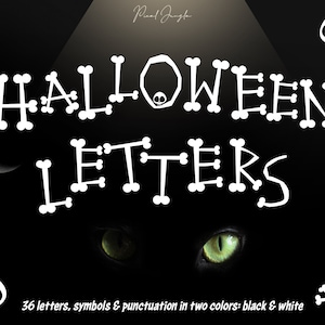 Clipart de l’alphabet osseux, Clipart des lettres en os blanc, Alphabet des os noirs, Décoration d’Halloween, Clipart typographique, PNG transparent