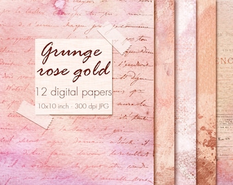 Rose gold grunge digital paper, Grunge rose gold paper clipart, Grunge textures, Grunge backgrounds, Rose gold wallpaper, Metallic paper