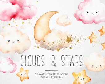 Watercolor moon & stars, clouds, Watercolor stars, Moon overlays, Crescent moon clipart, Gold stars, Pink Clouds, Glitter clipart, Download
