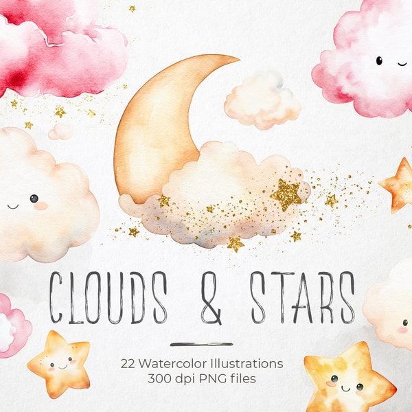 Watercolor moon & stars, clouds, Watercolor stars, Moon overlays, Crescent moon clipart, Gold stars, Pink Clouds, Glitter clipart, Download