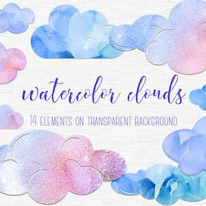 Watercolor glitter clouds clipart, Watercolor cloud clip art, Watercolor design elements,Weather clipart,Watercolor clipart,Baby shower, PNG