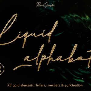 Vloeibare gouden letters clipart, Goud alfabet, Vloeibaar lettertype clipart, Goudfolie alfabet clip art, Letter overlays, Decoratieve belettering