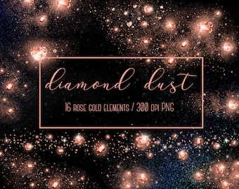 Clipart de polvo de diamante, clipart de diamante de oro rosa, polvo mágico, superposiciones de diamantes, corazones de diamantes, superposiciones de oro rosa, clipart de boda, gemas de oro rosa