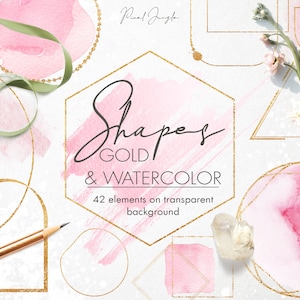 Roze logo pack, Goud folie cirkels, Gouden driehoek, Goud vierkant, Aquarel verf spatten, Roze en gouden ontwerpelementen voor logo, PNG