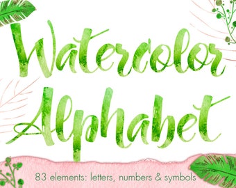 Green Watercolor Alphabet Clipart, Spring Letters (Digital Download)
