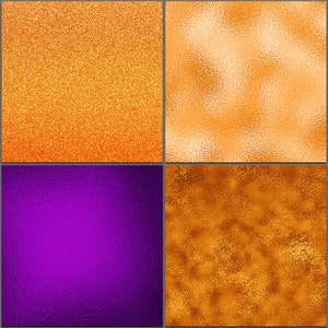 May include: Four different textured backgrounds in a collage. The top left is a sparkly orange background. The top right is a smooth, shiny, light orange background. The bottom left is a smooth, shiny, purple background. The bottom right is a textured, dark orange background.