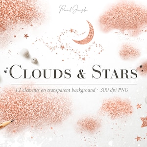Rose gouden wolken en sterren, Rose gouden ster digitale overlays, Hemelse overlays, Rose gouden maan, Nachthemel clipart, Rose goud glitter, PNG
