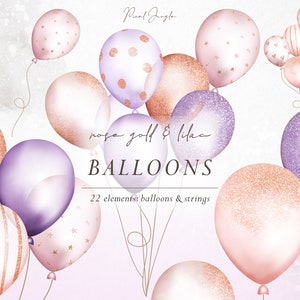 Globos de oro rosa y lila, imágenes prediseñadas de ballon, globos brillantes, imágenes prediseñadas de celebración, globos de cumpleaños, globos de brillo, imágenes prediseñadas de aniversario
