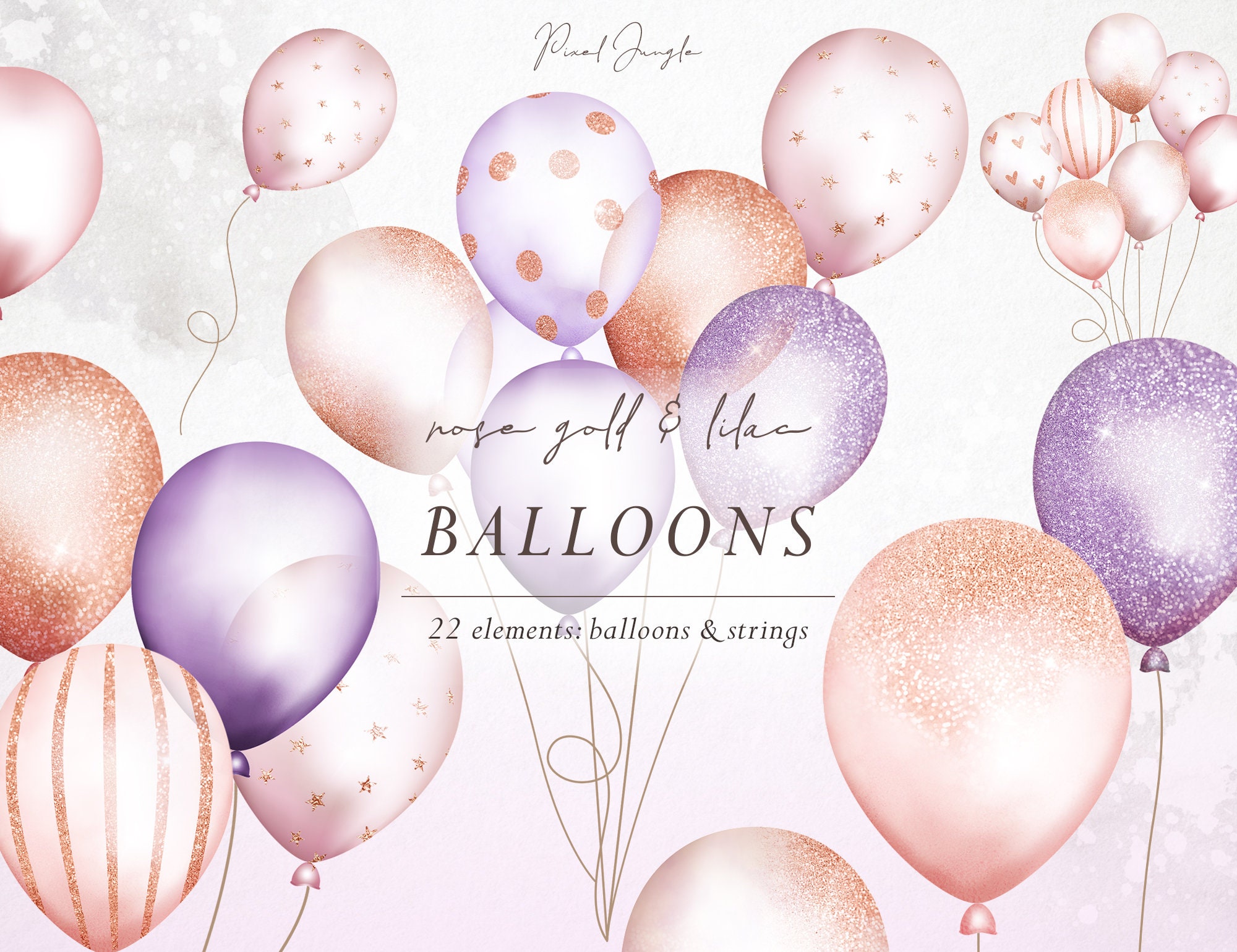 Palloncini in oro rosa e lilla, clipart Ballon, palloncini lucidi, clipart  celebrazione, palloncini di compleanno, palloncini glitter, clipart  anniversario -  Italia