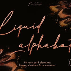 Clipart de letras de oro rosa líquido, alfabeto de oro rosa, imágenes prediseñadas de fuente líquida, alfabeto de lámina de oro rosa, superposiciones de letras, letras decorativas