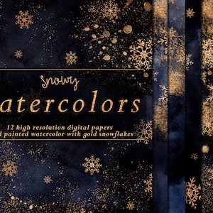 Tiefblaue digitale Papiere mit goldfarbenen Schneeflocken, Dunkelblauer Aquarell Hintergrund, Weihnachtstapete, Goldschneeflocken, Weihnachtstexturen