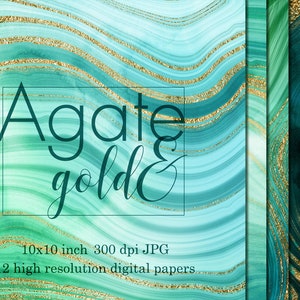 以下が含まれることがあります： アゲートとゴールドのデザインのデジタルペーパー。ターコイズとグリーンの色合いの渦巻き模様で、金色のグリッターラインがアクセントになっています。「Agate gold」の文字が装飾的なフォントで表示されています。ペーパーのサイズは25.4 x 25.4 cmです。