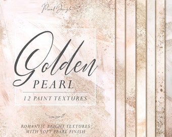 May include: Twelve digital paint textures in warm, neutral tones with a subtle pearlescent finish. The textures are named "Golden Pearl" and are described as "Romantic Bright Textures with Soft Pearl Finish".