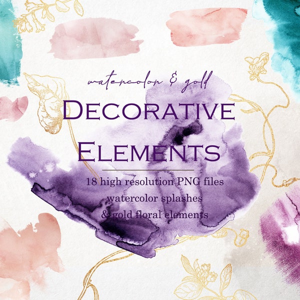 Watercolor paint splashes with gold floral elements, Watercolor splatters, Gold design elements, Decorative floral elements, Blush clipart