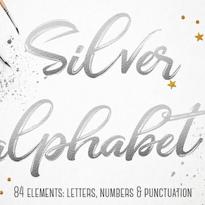 Silber Alphabet Clipart, Silber Folie Alphabet, Silber Schrift Clipart, Silber Buchstaben Clipart, Silber Zahlen, Symbole, Hochzeit Clipart