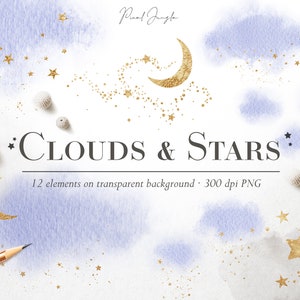 Blauwe wolken en sterren clipart, Gouden ster digitale overlays, Gouden maan, Nacht hemel clipart, Blauwe wolken clipart, Hemelse overlay, Goud stof
