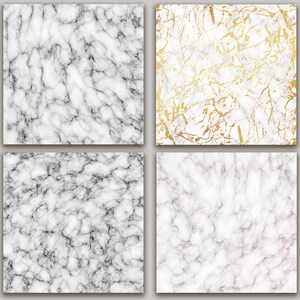 May include: Four different marble textures. The first and third are white with gray veining. The second is white with gold veining. The fourth is white with pink and gray veining.