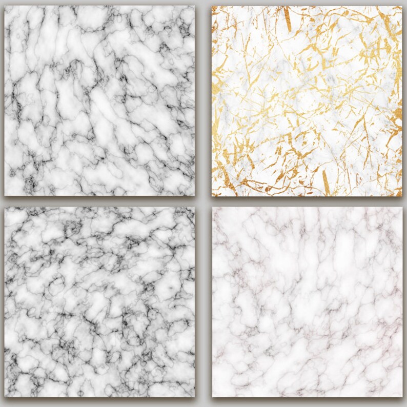 May include: Four different marble textures. The first and third are white with gray veining. The second is white with gold veining. The fourth is white with pink and gray veining.