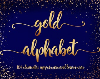 May include: Gold alphabet font with 104 elements, including uppercase and lowercase letters, on a dark blue background with gold glitter.