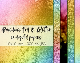 Rainbow foil and glitter digital paper, Rainbow digital papers, Rainbow glitter clipart, Glitter wallpaper, Metallic foil paper pack