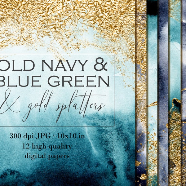 Navy watercolor digital paper, Watercolor paper pack, Gold foil paper clipart, Gold backgrounds, Abstract textures, Old navy, Blue green