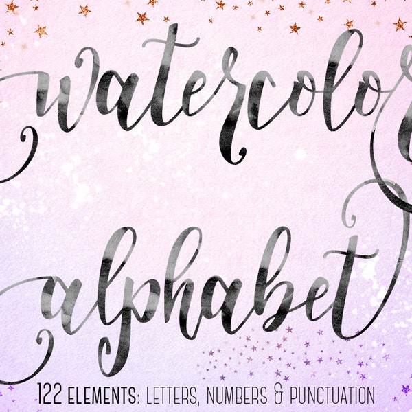 Black watercolor alphabet clipart, Black font, Black alphabet clip art, Watercolor letters clipart, Watercolor numbers, Alphabet watercolor