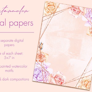 May include: Twelve digital papers featuring watercolor floral designs with gold geometric frames. The papers are 5x7 inches and include both bright and dark color compositions.