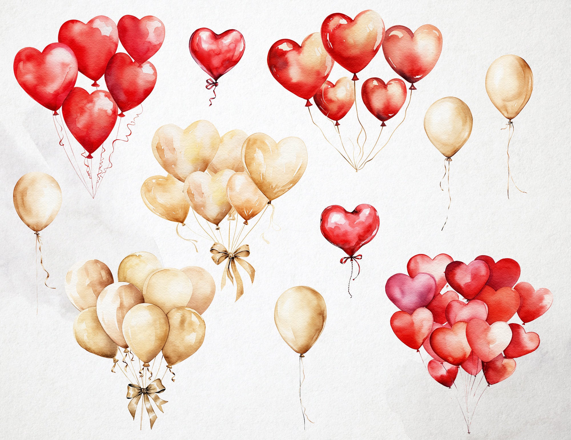 Watercolor Heart Balloons Clipart: Red & Beige PNG Overlays (digital ...