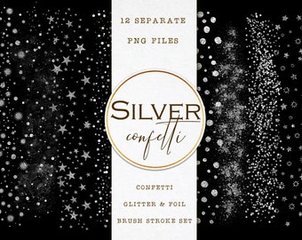 Silver Glitter Confetti Brush Strokes: Foil Clipart (PNG)
