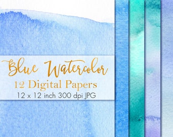 Paquete de papel digital con textura de acuarela azul (descarga digital)