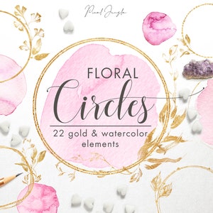 Bloemen gouden cirkels met aquarel, Bloemencirkels voor embleem, Bloemenontwerpelementen, Aquarelverfplons, Aquarelronde vormen