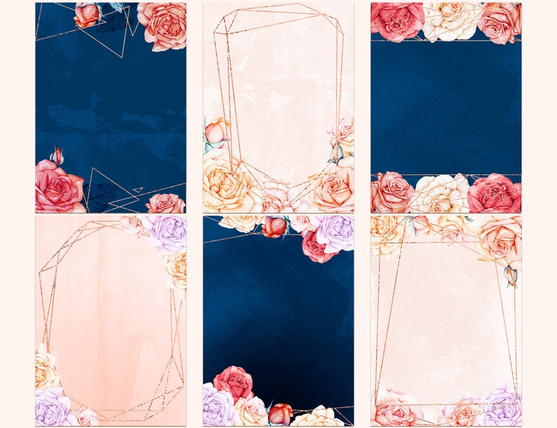 May include: Six printable digital cards with a watercolor floral border and gold geometric frames. The cards have a navy blue or pink background.