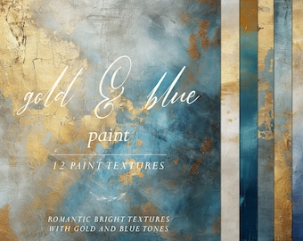 May include: Twelve digital paint textures in shades of gold and blue. The textures are abstract and feature a variety of brushstrokes and patterns. The text "gold & blue paint" and "12 paint textures" is visible on the image.