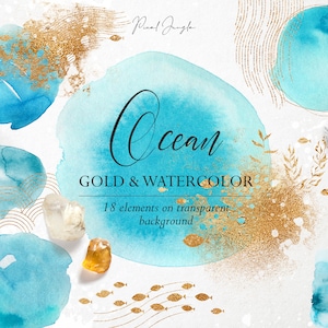 Oceanic design elements, Oceanic watercolor clipart, Gold fish overlays, Turquoise watercolor design elements, Ocean overlays, Nautical png