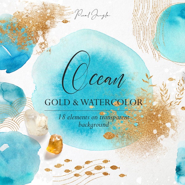 Oceanic design elements, Oceanic watercolor clipart, Gold fish overlays, Turquoise watercolor design elements, Ocean overlays, Nautical png