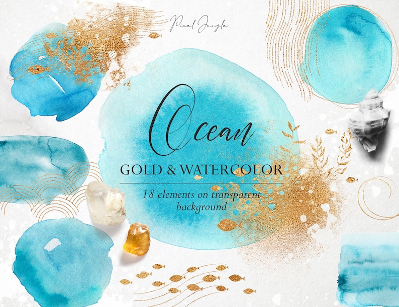 K&ouml;nnte beinhalten: Digitaler Clipart-Set zum Thema Meer in Aquarell und Goldfolie. Enth&auml;lt blaue Aquarellformen, goldene Folienakzente, Muscheln und Fische.