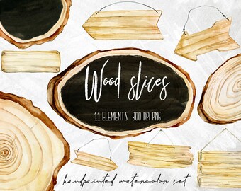 Wood slices clipart, Watercolor wooden slices, Wedding frames clipart, Invitation clipart, Party invite, Aquarel, Watercolor wood clipart
