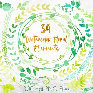 Floral design elements clipart, Watercolor elements, Watercolor leaves, Watercolor laurel, Watercolor doodle, Floral watercolor clipart