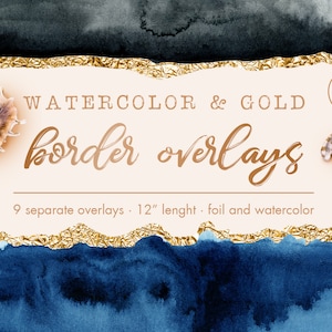 Watercolor border overlays with gold foil, Gold border overlays, Metallic border overlays, Watercolor overlay, Black watercolor overlays