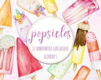 Watercolor ice cream clipart, Watercolor popsicles, Handpainted ice creams clipart, Summer clipart, Dessert clipart, Summer treats, PNG
