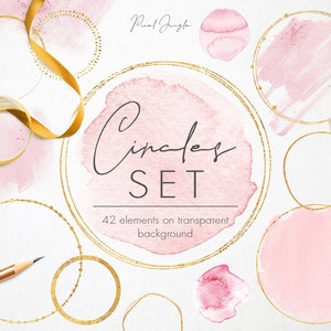 Gouden cirkels met roze aquarel, Aquarel cirkels voor logo, Gouden cirkels voor logo, Aquarel ontwerpelementen, Goudfolie cirkel, PNG