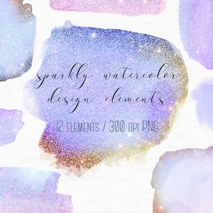 Gold glitter watercolor design elements, Blue watercolor clipart, Gold dust, Watercolor overlays, Brush strokes, Wedding clipart, Pixie dust
