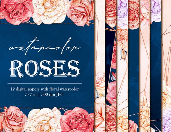 Watercolor roses digital paper, Paper with roses, 5x7 papers, Floral rose papers, Floral frames, Rose gold geometric frame, Watercolor paper