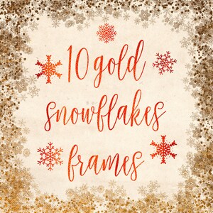 May include: A digital illustration of 10 gold snowflake frames with a red background and the text "10 gold snowflakes frames".