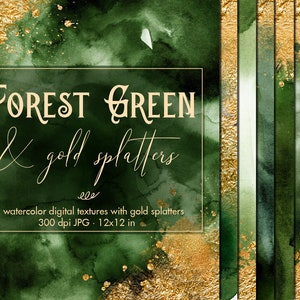 Carte digitali verde foresta con lamina d'oro, Clipart digitale ad acquerello, Carta da parati ad acquerello, Sfondo ad acquerello, Texture di pittura