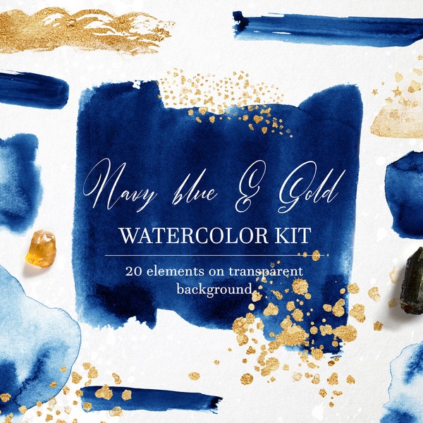 Gold and blue watercolor design kit, Blue watercolor design elements, Gold foil paint strokes, Gold paint splotches, Transparent PNG