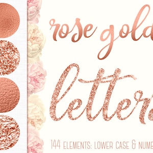 Clipart de alfabeto de ouro rosa, fonte de ouro rosa, letras minúsculas, alfabeto de folha, números brilhantes, letras de ouro rosa, clipart de casamento, PNG