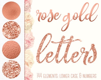 Rose gold alphabet clipart, Rose gold font, Lower case letters, Foil alphabet, Glitter Numbers, Rose gold letters, Wedding clipart, PNG